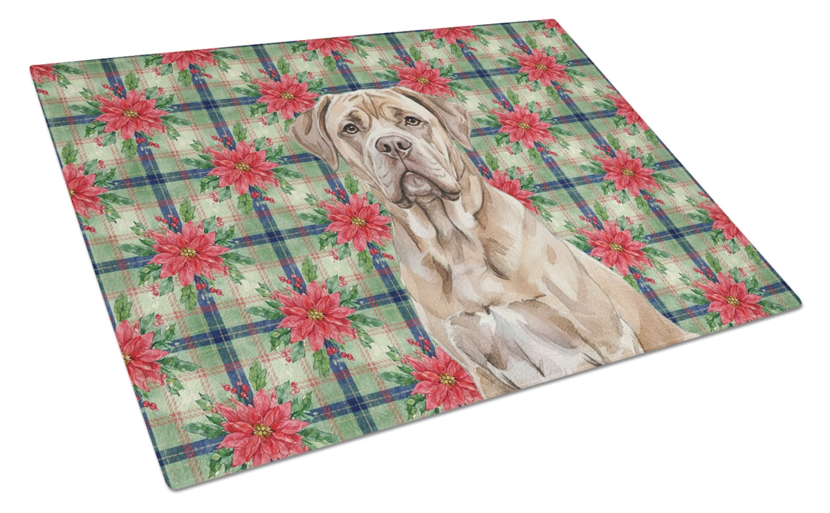 Picture of Carolines Treasures WDK8612LCB Unisex Adult Isabella Dogue De Bordeaux Christmas Poinsettias Glass Cutting Board - 15 x 12 in.