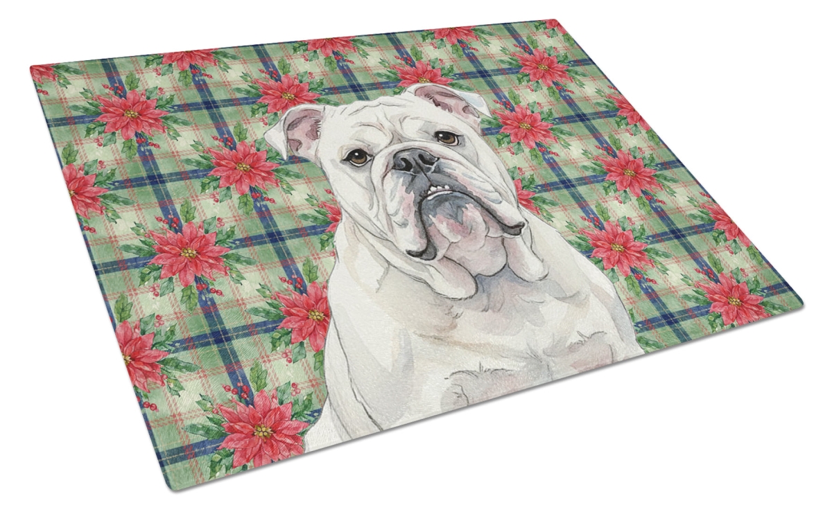 Picture of Carolines Treasures WDK8615LCB Unisex Adult White English Bulldog Christmas Poinsettias Glass Cutting Board - 15 x 12 in.