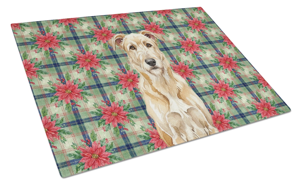 Picture of Carolines Treasures WDK8676LCB Unisex Adult Wheaten Irish Wolfhound Christmas Poinsettias Glass Cutting Board - 15 x 12 in.