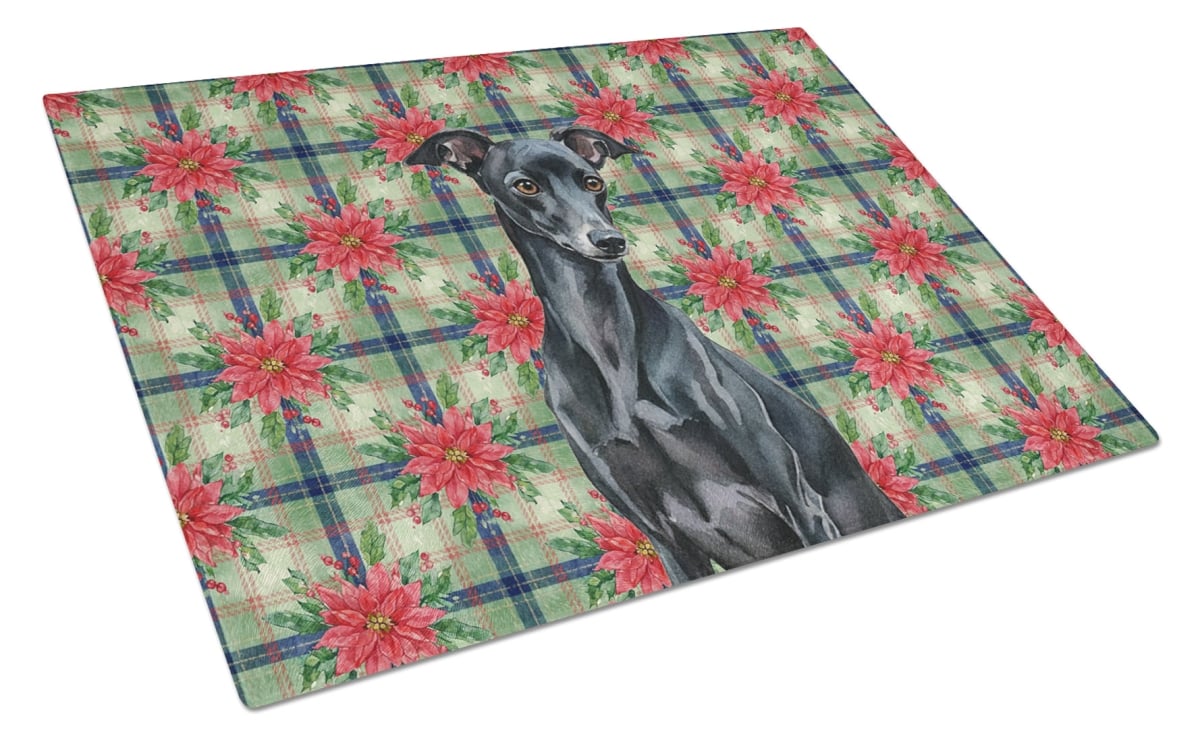 Picture of Carolines Treasures WDK8677LCB Unisex Adult Black Italian Greyhound Christmas Poinsettias Glass Cutting Board - 15 x 12 in.
