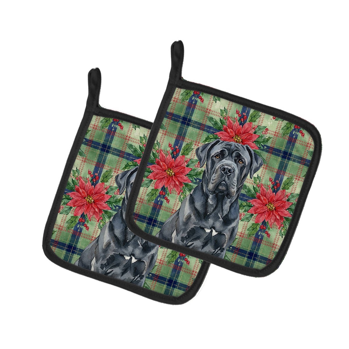 Picture of Carolines Treasures WDK8721PTHD Unisex Adult Black Neapolitan Mastiff Christmas Poinsettias Pot Holders - 7.5 x 7.5 in. - Set of 2