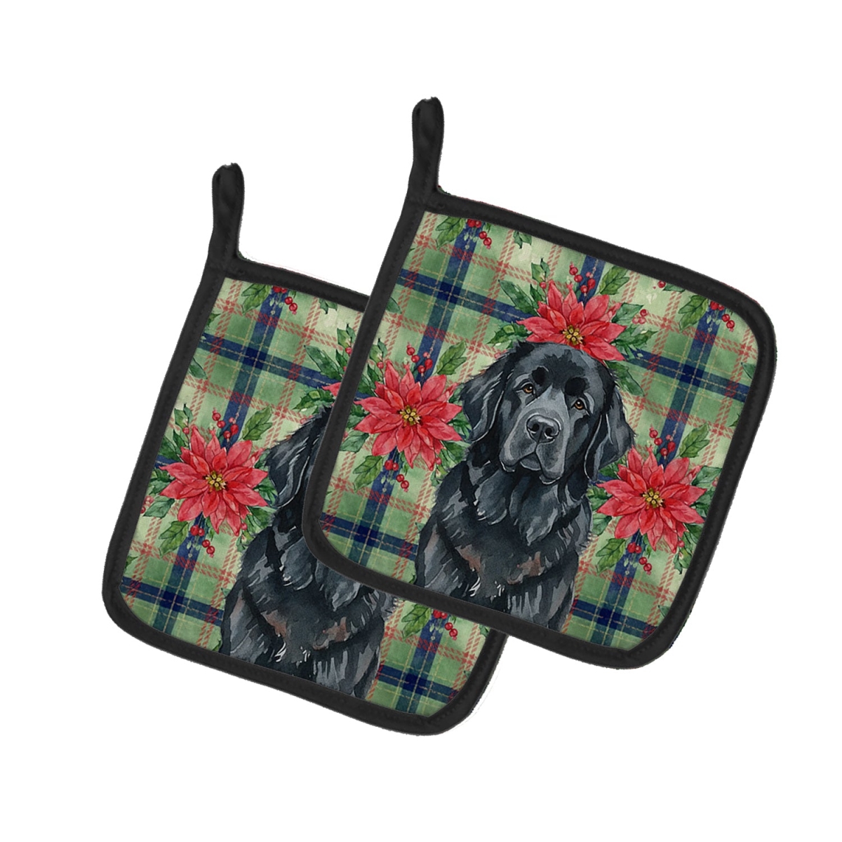 Picture of Carolines Treasures WDK8724PTHD Unisex Adult Black Foundland Christmas Poinsettias Pot Holders - 7.5 x 7.5 in. - Set of 2