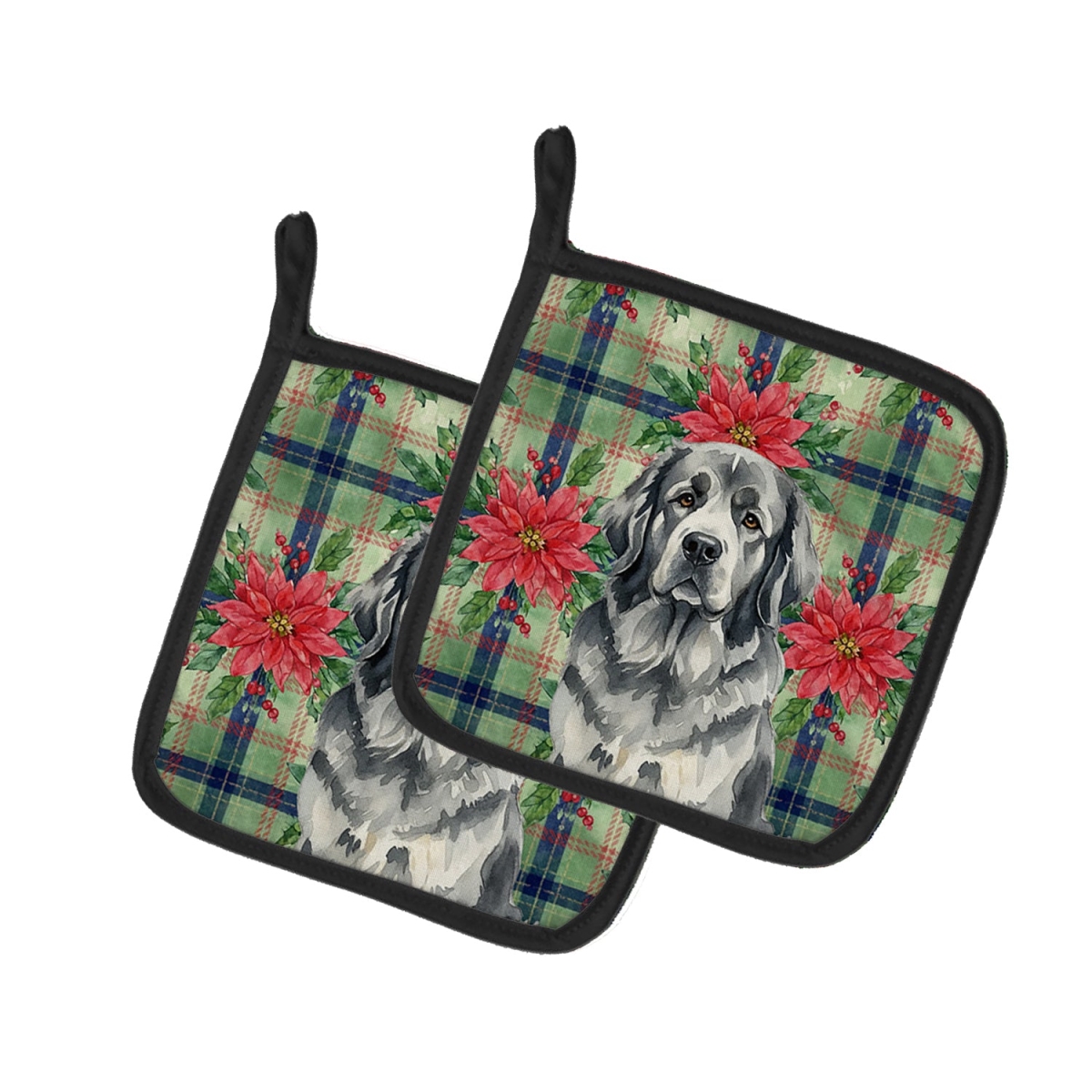 Picture of Carolines Treasures WDK8726PTHD Unisex Adult Gray Foundland Christmas Poinsettias Pot Holders - 7.5 x 7.5 in. - Set of 2