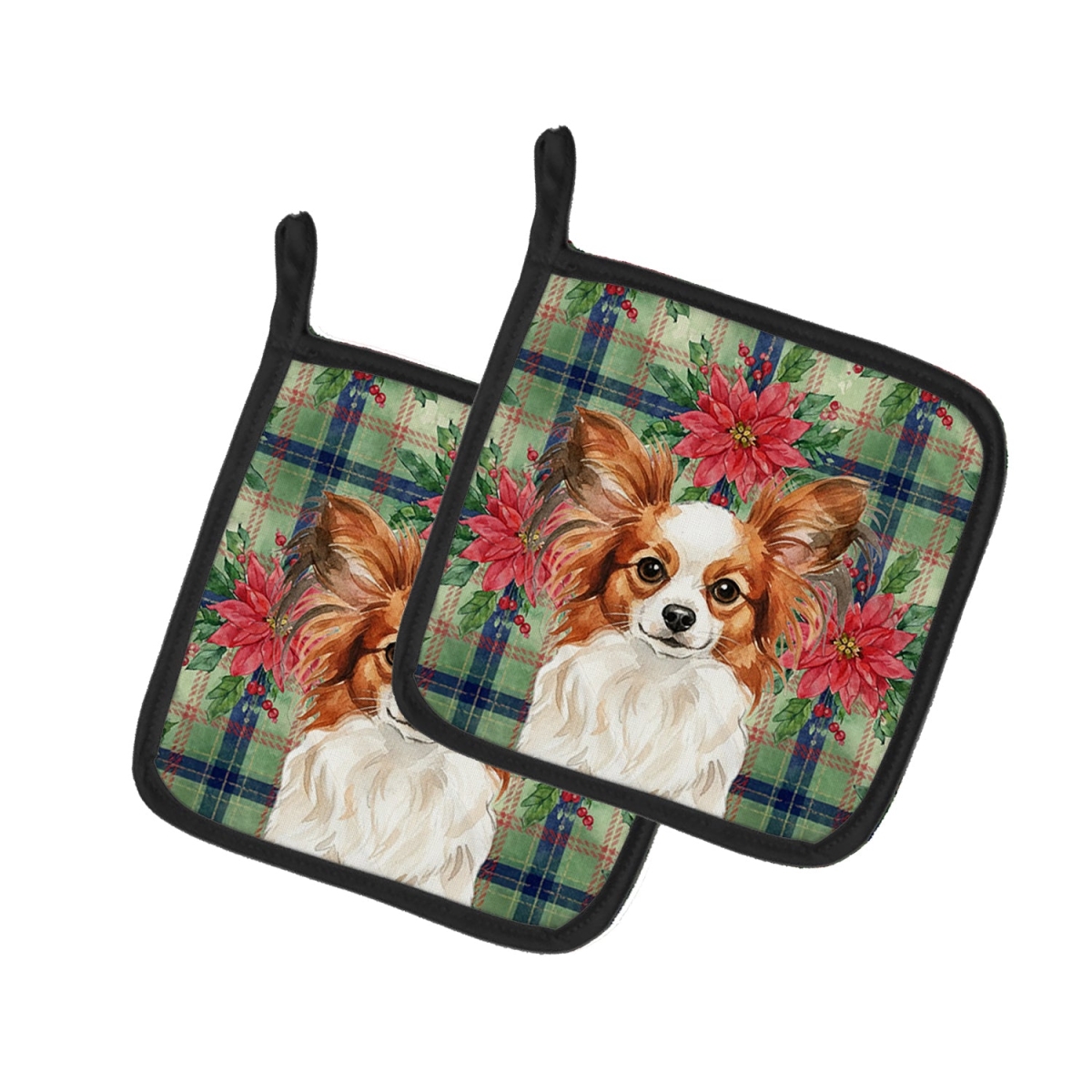 Picture of Carolines Treasures WDK8744PTHD Unisex Adult White with Red Papillon Christmas Poinsettias Pot Holders - 7.5 x 7.5 in. - Set of 2