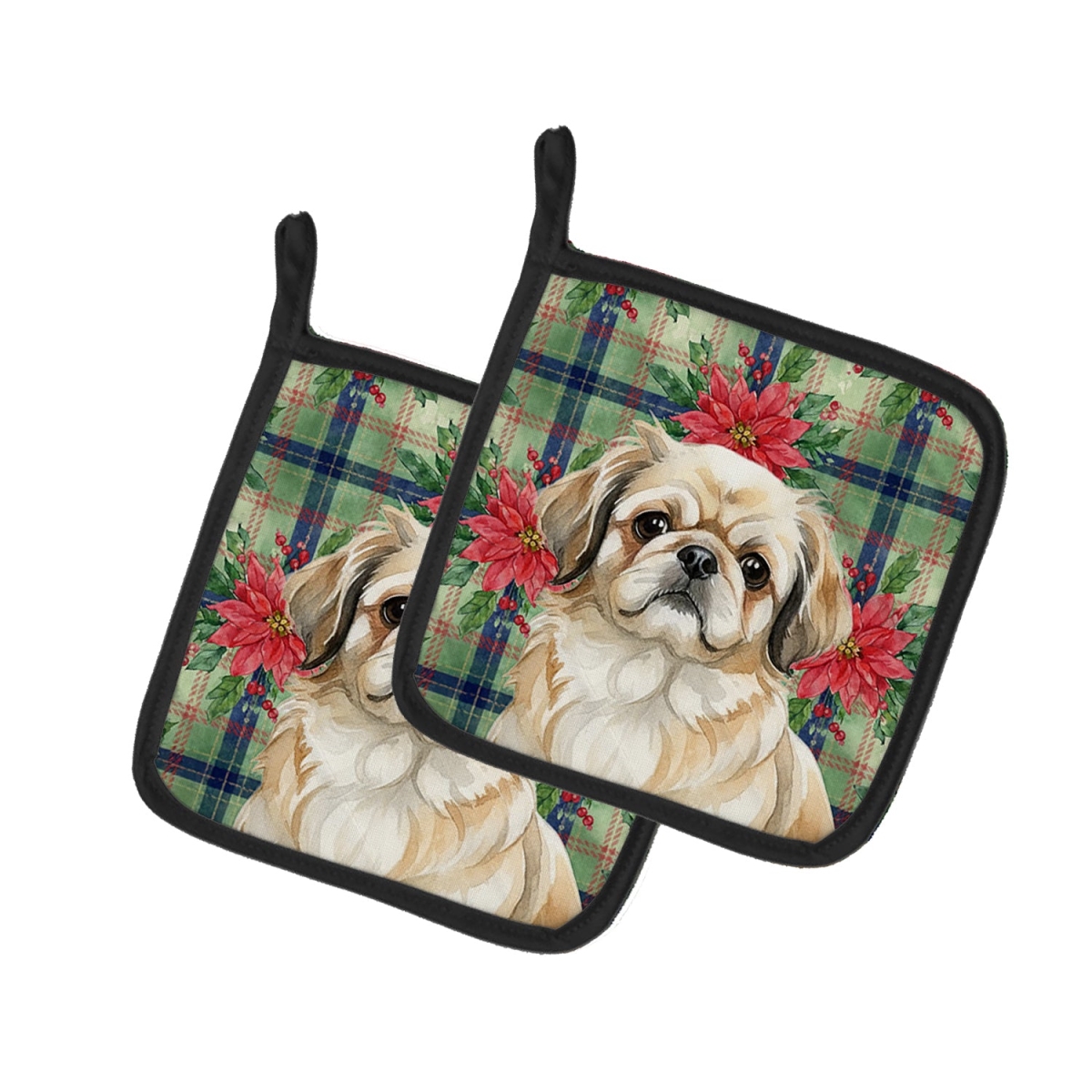 Picture of Carolines Treasures WDK8750PTHD Unisex Adult Fawn Pekingese Christmas Poinsettias Pot Holders - 7.5 x 7.5 in. - Set of 2