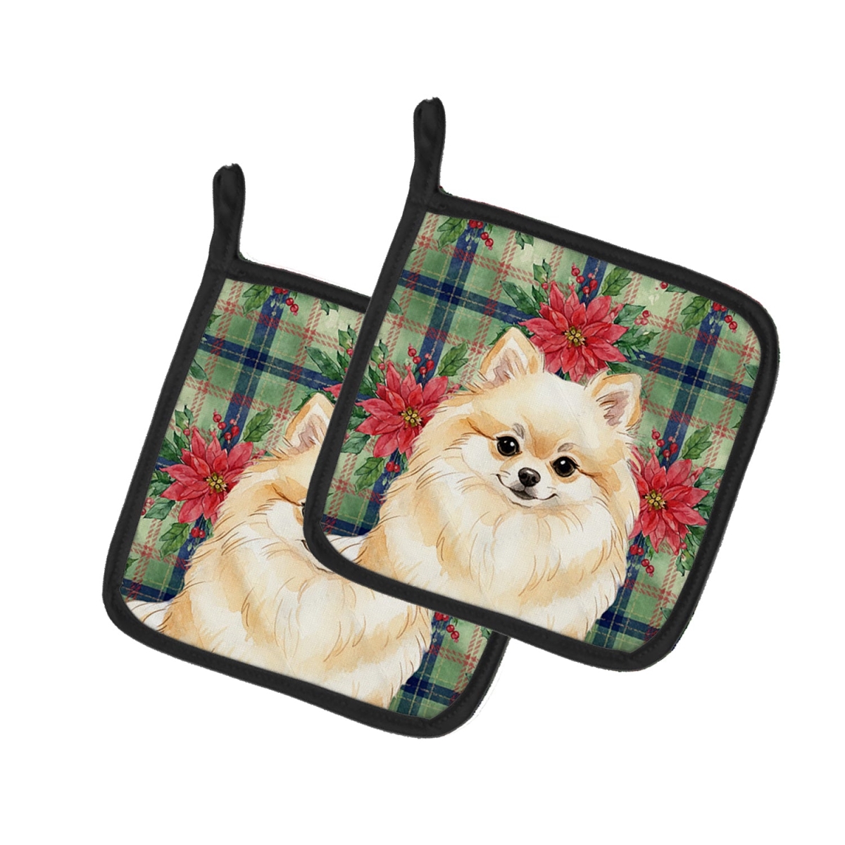 Picture of Carolines Treasures WDK8762PTHD Unisex Adult Cream Pomeranian Christmas Poinsettias Pot Holders - 7.5 x 7.5 in. - Set of 2
