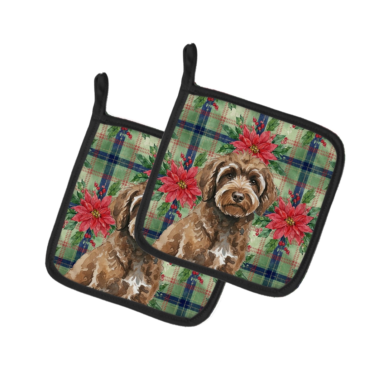 Picture of Carolines Treasures WDK8780PTHD Unisex Adult Brown Portuguese Water Dog Christmas Poinsettias Pot Holders - 7.5 x 7.5 in. - Set of 2