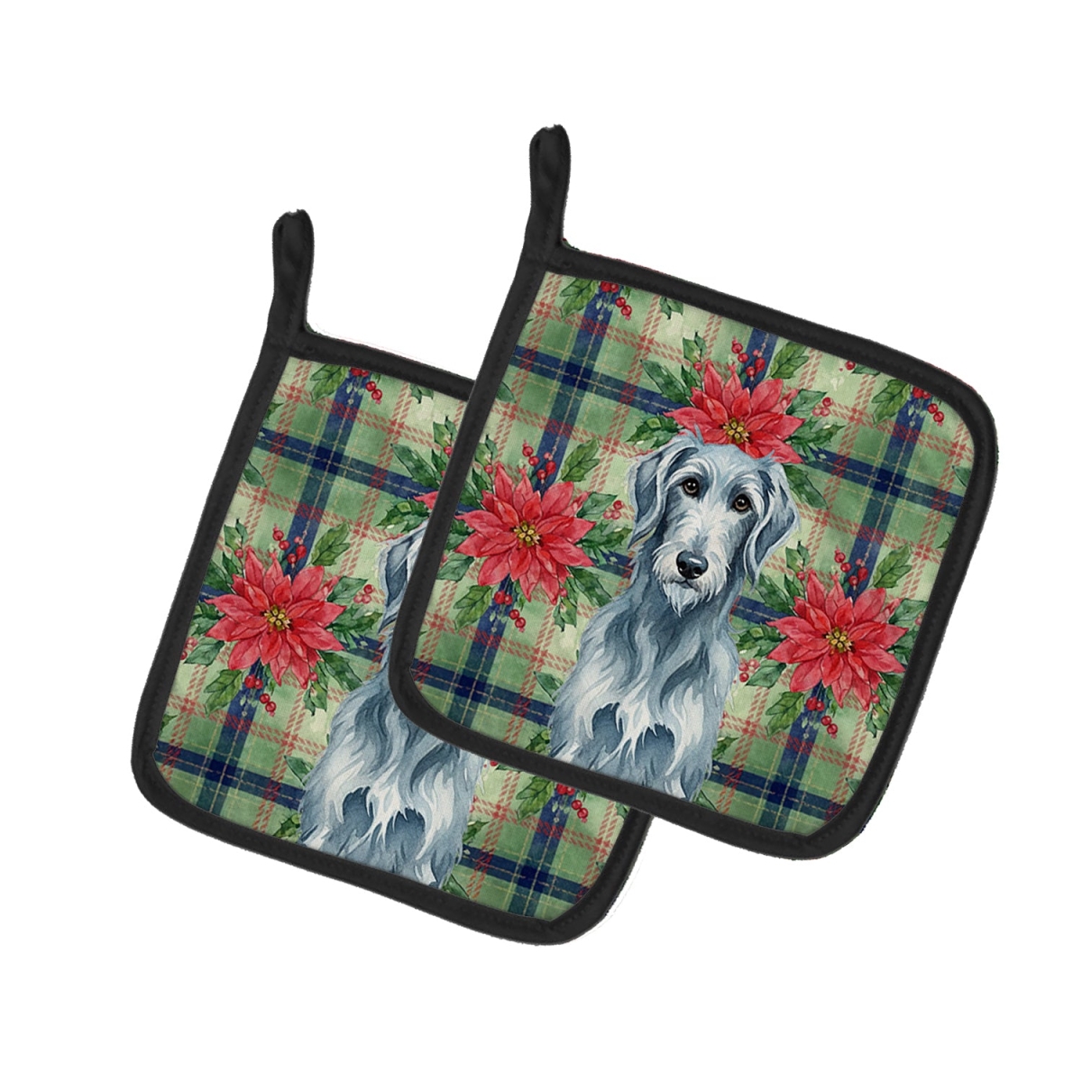 Picture of Carolines Treasures WDK8802PTHD Unisex Adult Blue-Gray Scottish Deerhound Christmas Poinsettias Pot Holders - 7.5 x 7.5 in. - Set of 2