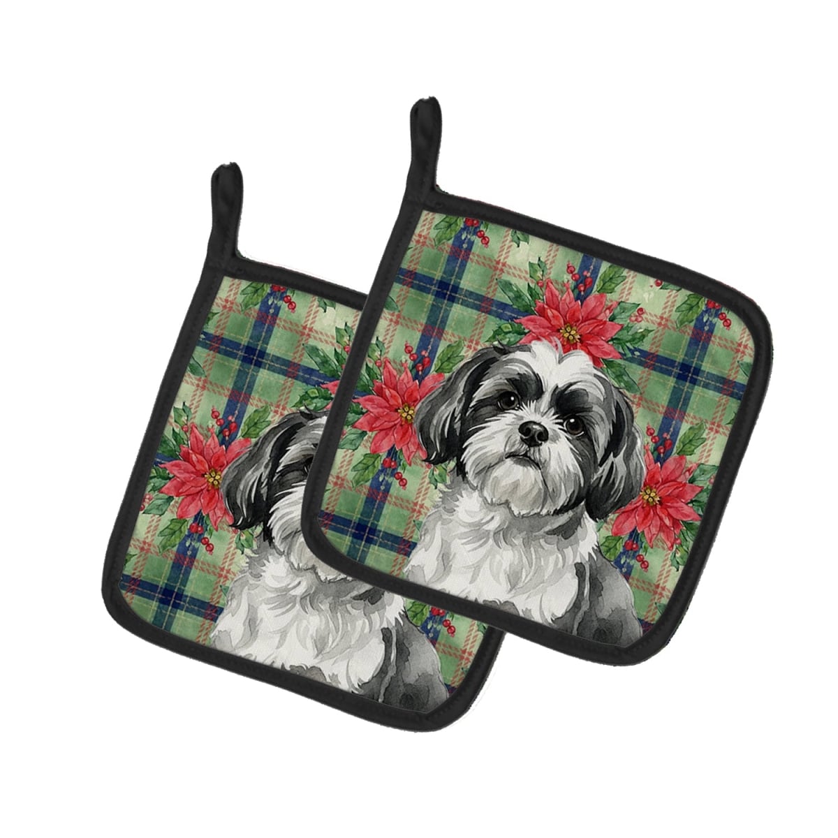 Picture of Carolines Treasures WDK8816PTHD Unisex Adult Black & White Shih Tzu Christmas Poinsettias Pot Holders - 7.5 x 7.5 in. - Set of 2