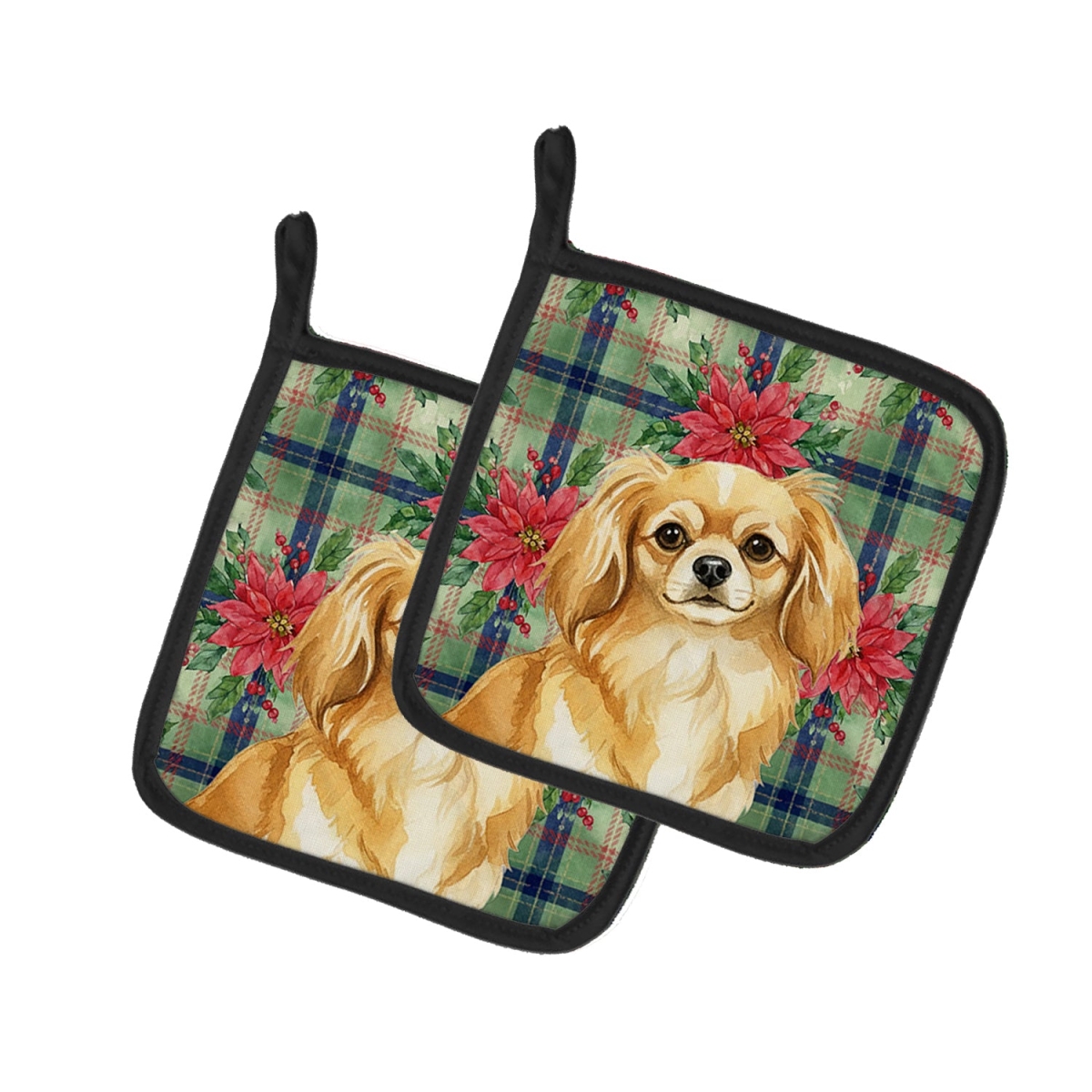 Picture of Carolines Treasures WDK8840PTHD Unisex Adult Gold Tibetan Spaniel Christmas Poinsettias Pot Holders - 7.5 x 7.5 in. - Set of 2
