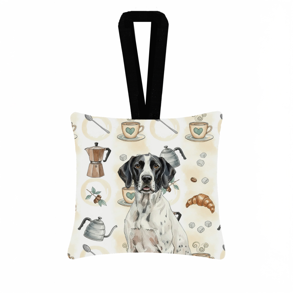 WDK7554PO3 3.5 x 3.5 in. Black & White Pointer Coffee Bar Hanging Square Fabric Ornament