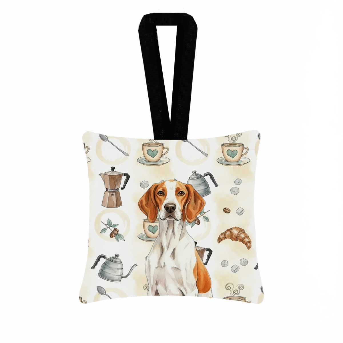 WDK7557PO3 3.5 x 3.5 in. Orange & White Pointer Coffee Bar Hanging Square Fabric Ornament