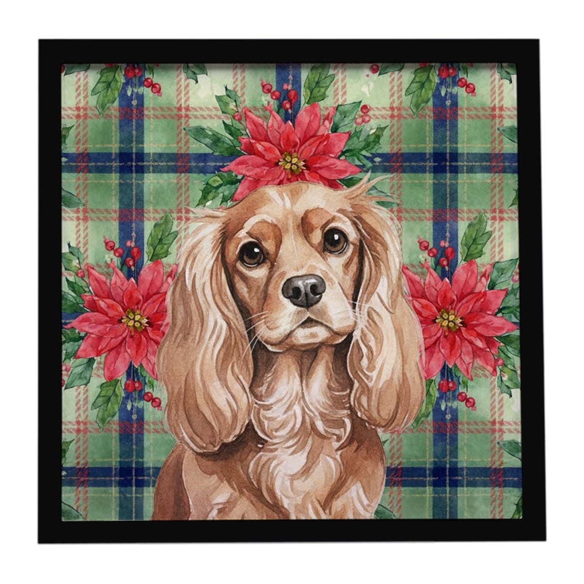 WDK8564MFP88 8 x 8 in. Ruby Cavalier Spaniel Christmas Poinsettias Framed Metal Print