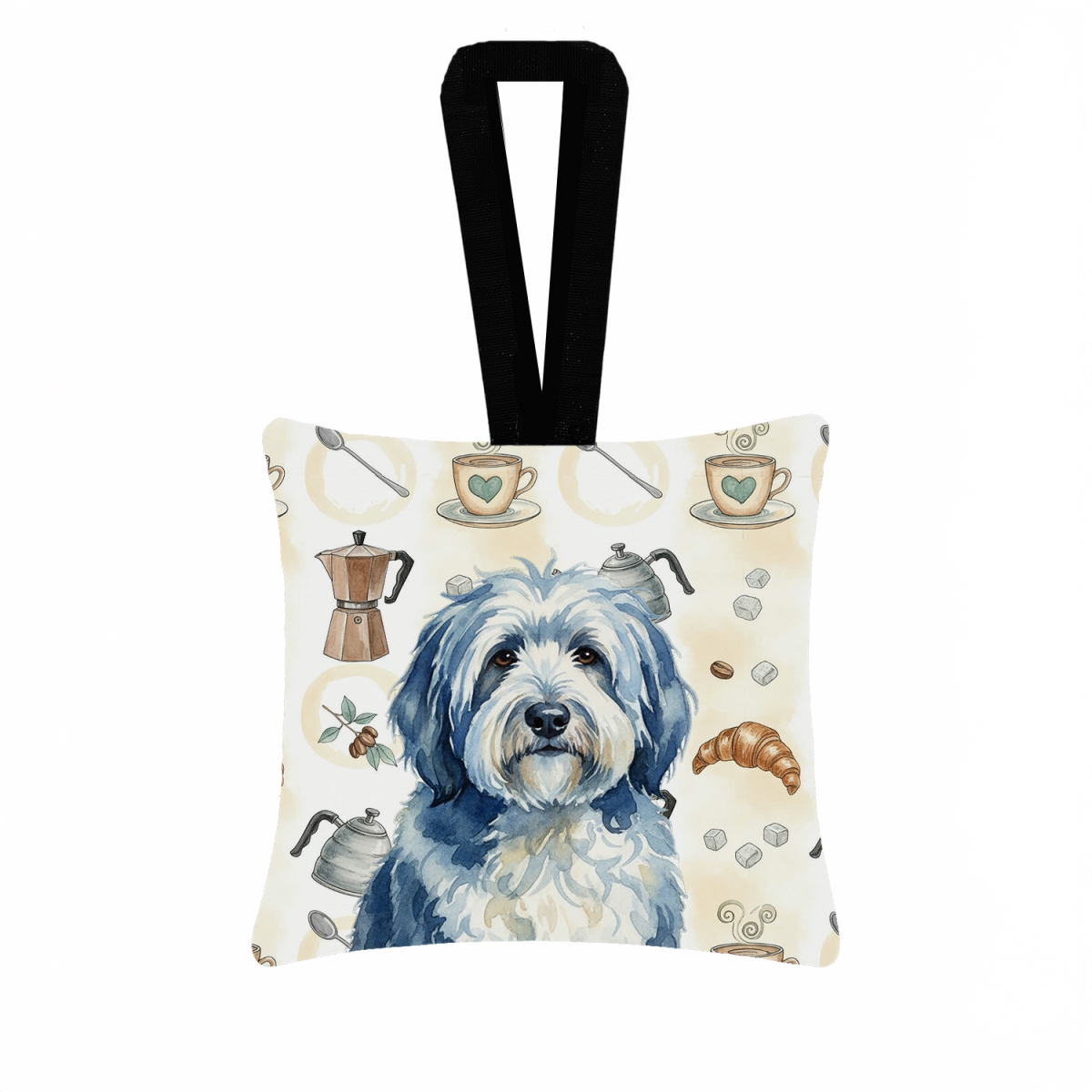 WDK7536PO3 3.5 x 3.5 in. Blue & White Old English Sheepdog Coffee Bar Hanging Square Fabric Ornament