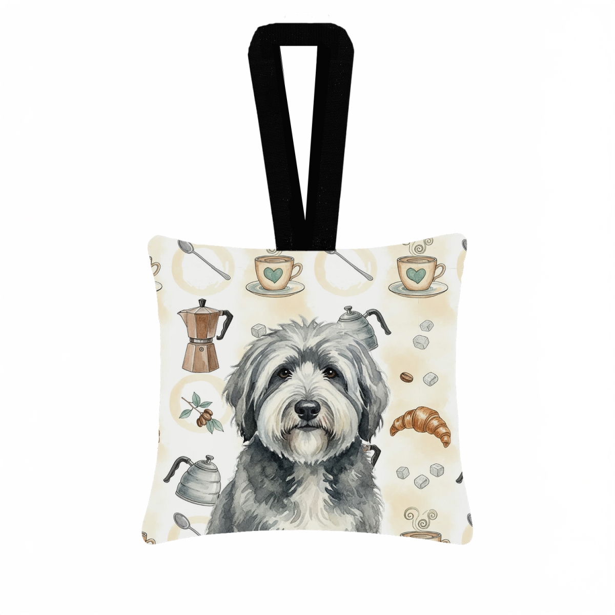 WDK7537PO3 3.5 x 3.5 in. Gray & White Old English Sheepdog Coffee Bar Hanging Square Fabric Ornament