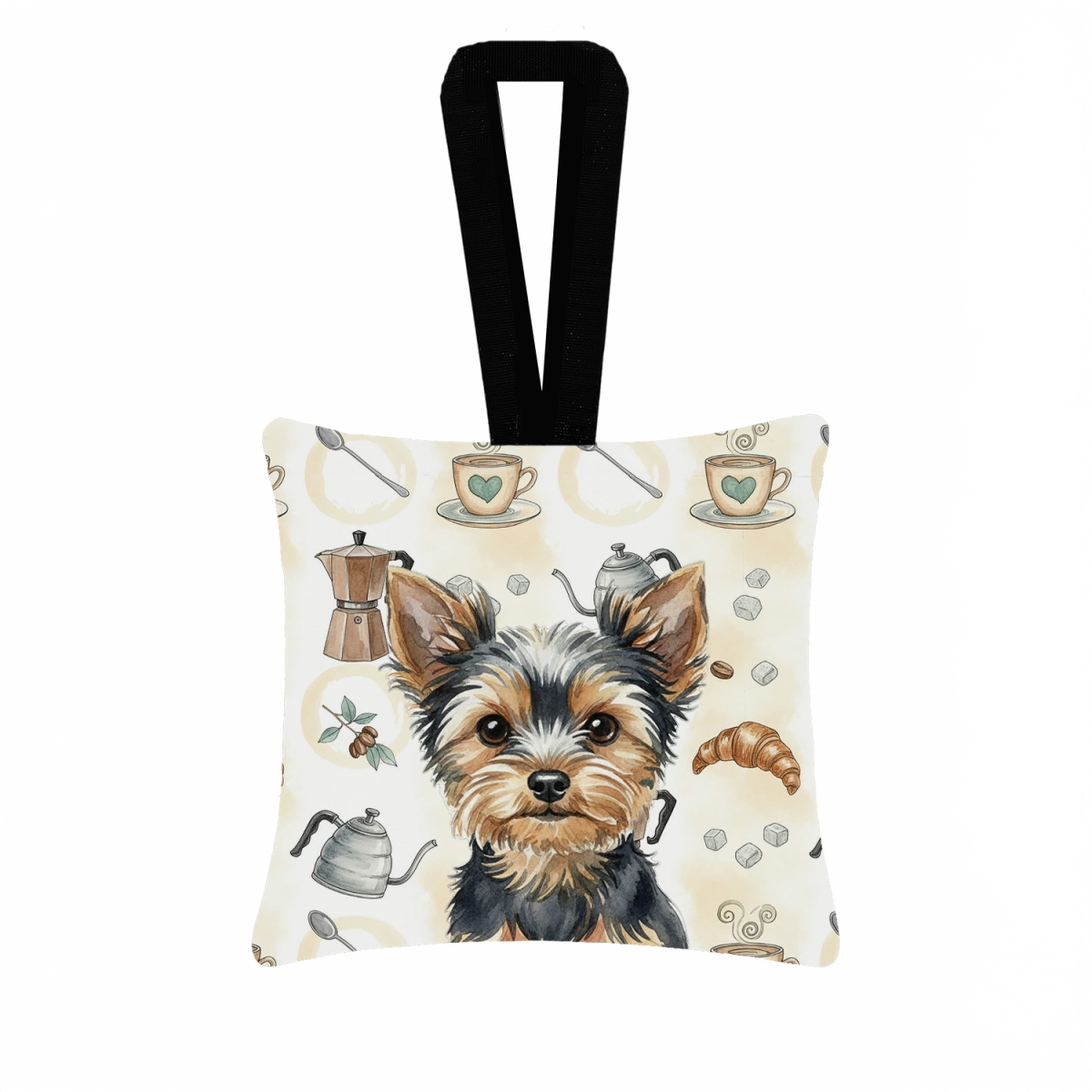 WDK7663PO3 3.5 x 3.5 in. Black & Tan Yorkshire Terrier Coffee Bar Hanging Square Fabric Ornament