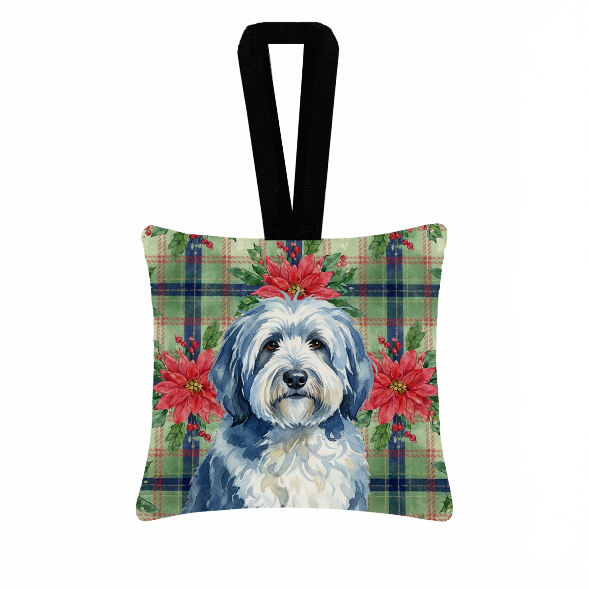 WDK8736PO3 3.5 x 3.5 in. Blue & White Old English Sheepdog Christmas Poinsettias Hanging Square Fabric Ornament