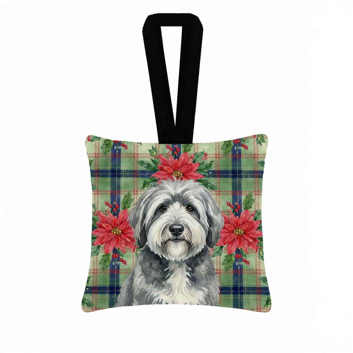 WDK8737PO3 3.5 x 3.5 in. Gray & White Old English Sheepdog Christmas Poinsettias Hanging Square Fabric Ornament