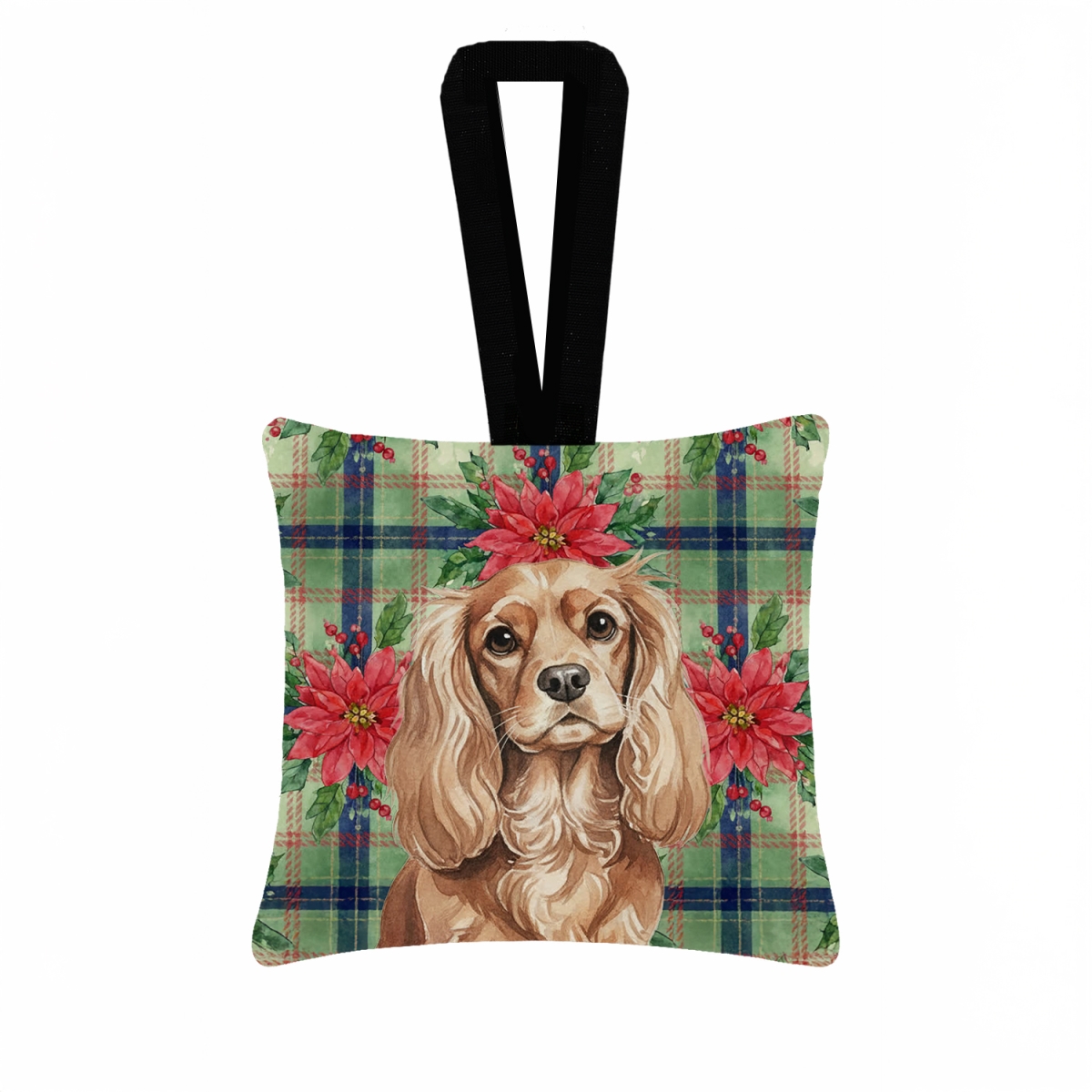 WDK8564PO3 3.5 x 3.5 in. Ruby Cavalier Spaniel Christmas Poinsettias Hanging Square Fabric Ornament