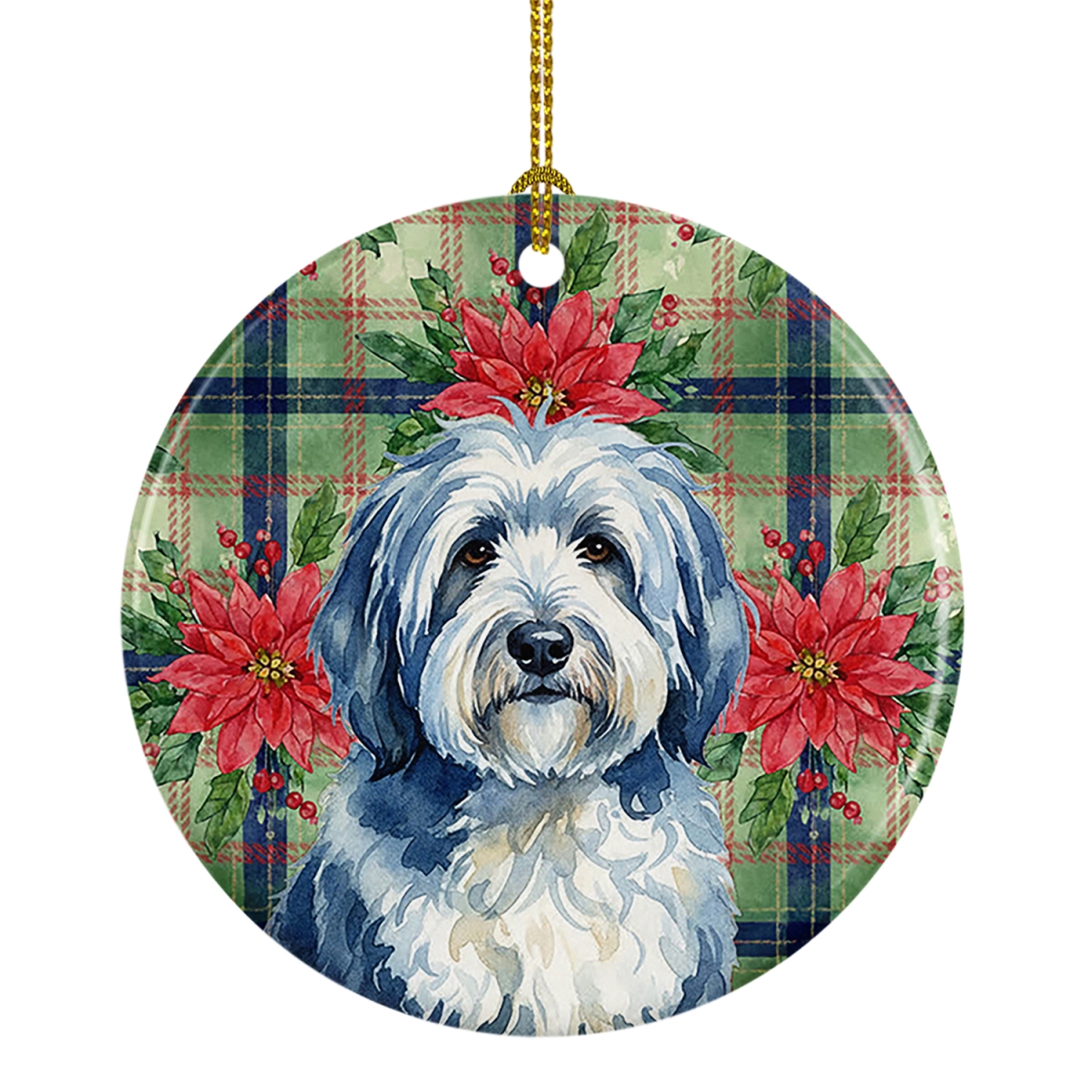 WDK8736CO1 2.8 x 2.8 in. Blue & White Old English Sheepdog Christmas Poinsettias Ceramic Ornament