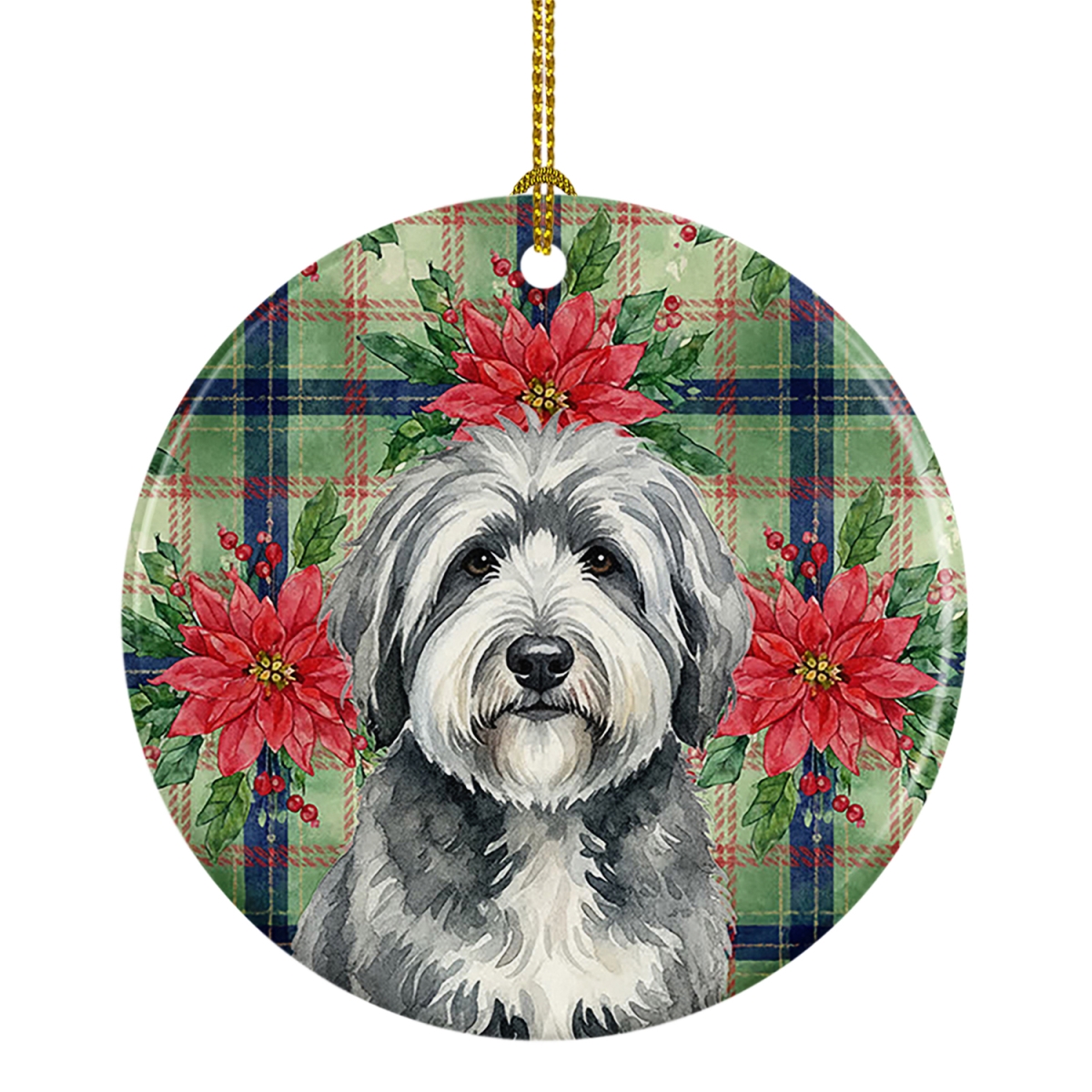 WDK8737CO1 2.8 x 2.8 in. Gray & White Old English Sheepdog Christmas Poinsettias Ceramic Ornament