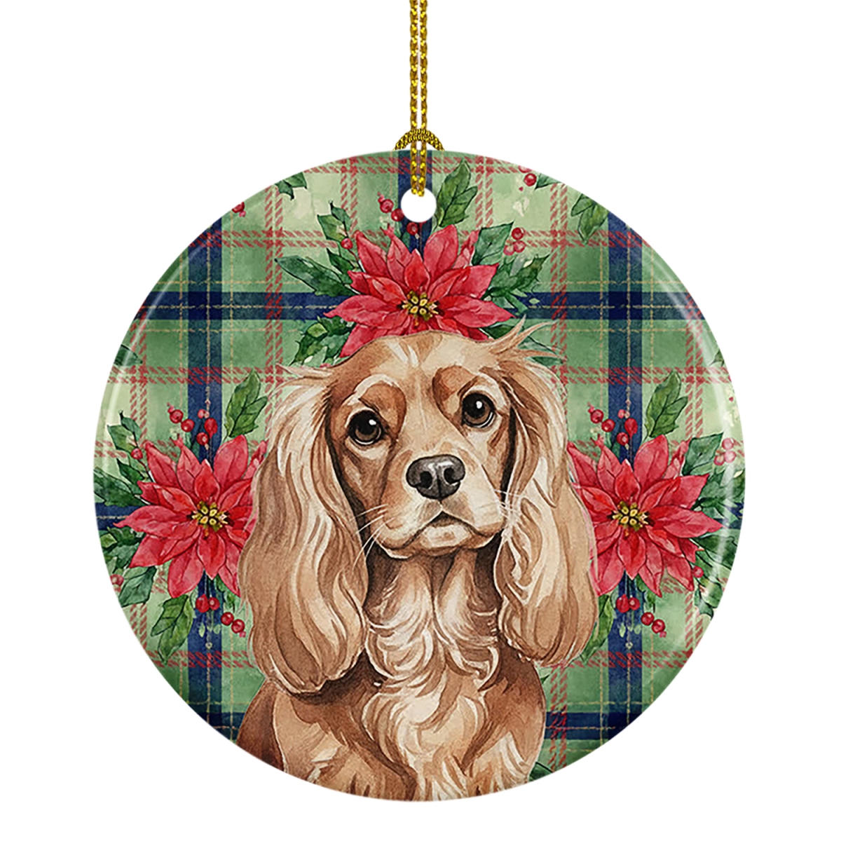 WDK8564CO1 2.8 x 2.8 in. Ruby Cavalier Spaniel Christmas Poinsettias Ceramic Ornament