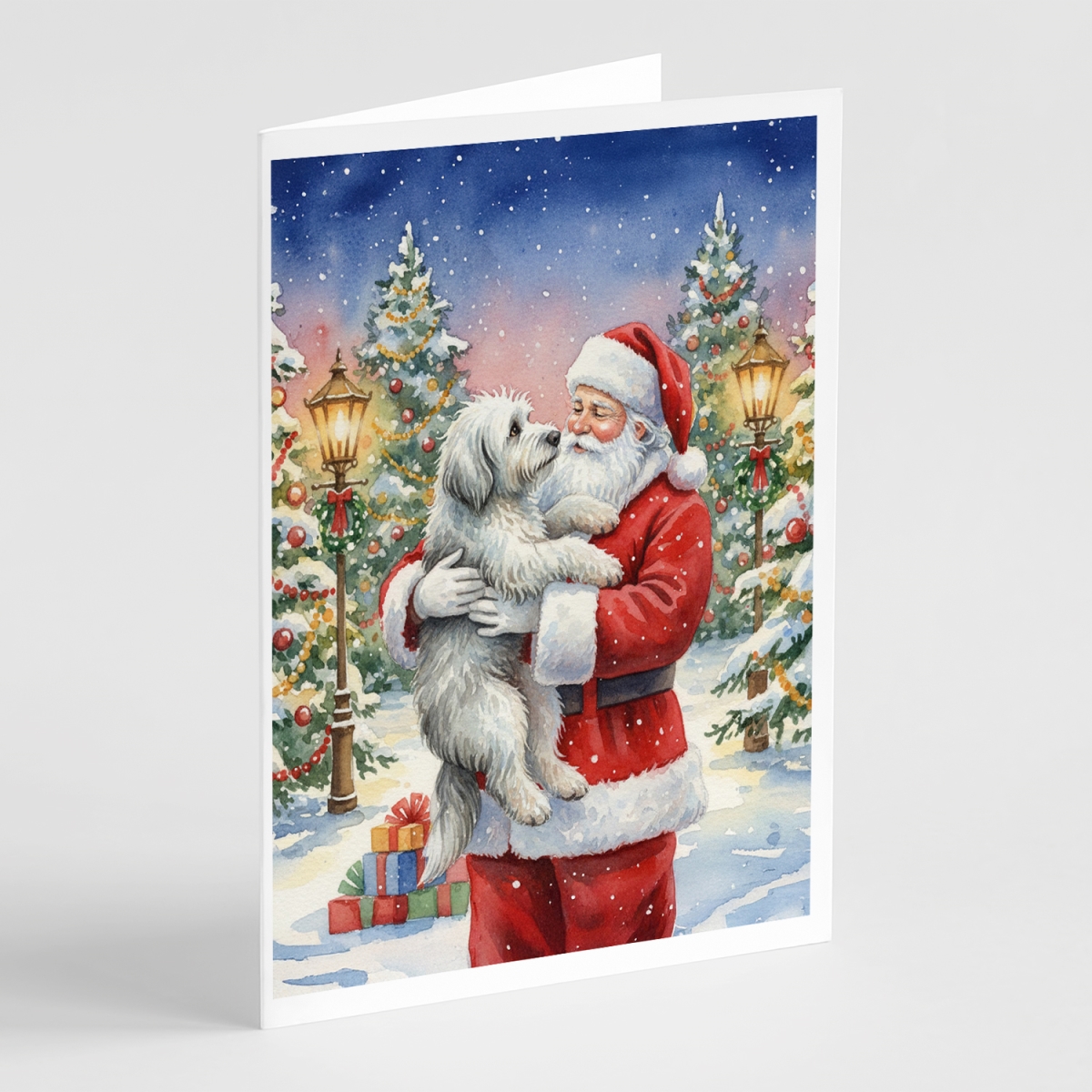 FNT1063GCA7P 5 x 7 in. Old English Sheepdog with Santa Claus Greeting Cards, Pack of 8
