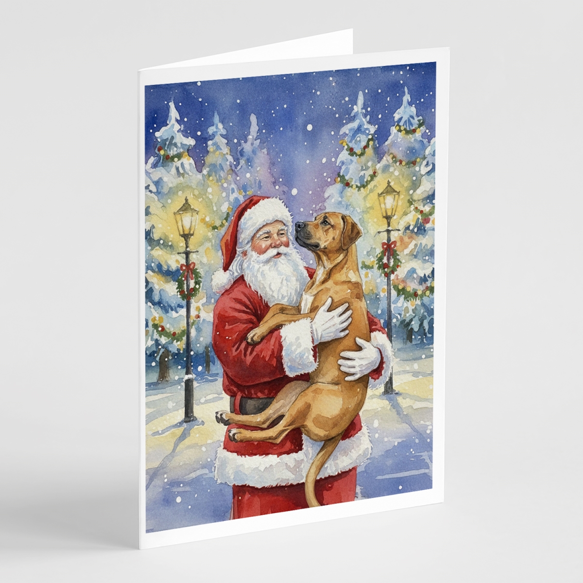 FNT1072GCA7P 5 x 7 in. Rhodesian Ridgeback with Santa Claus Greeting Cards, Pack of 8