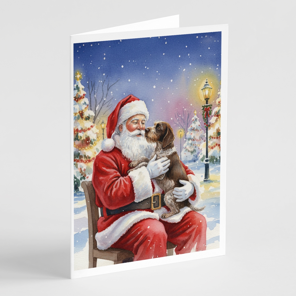FNT1038GCA7P 5 x 7 in. German Wirehaired Pointer with Santa Claus Greeting Cards, Pack of 8