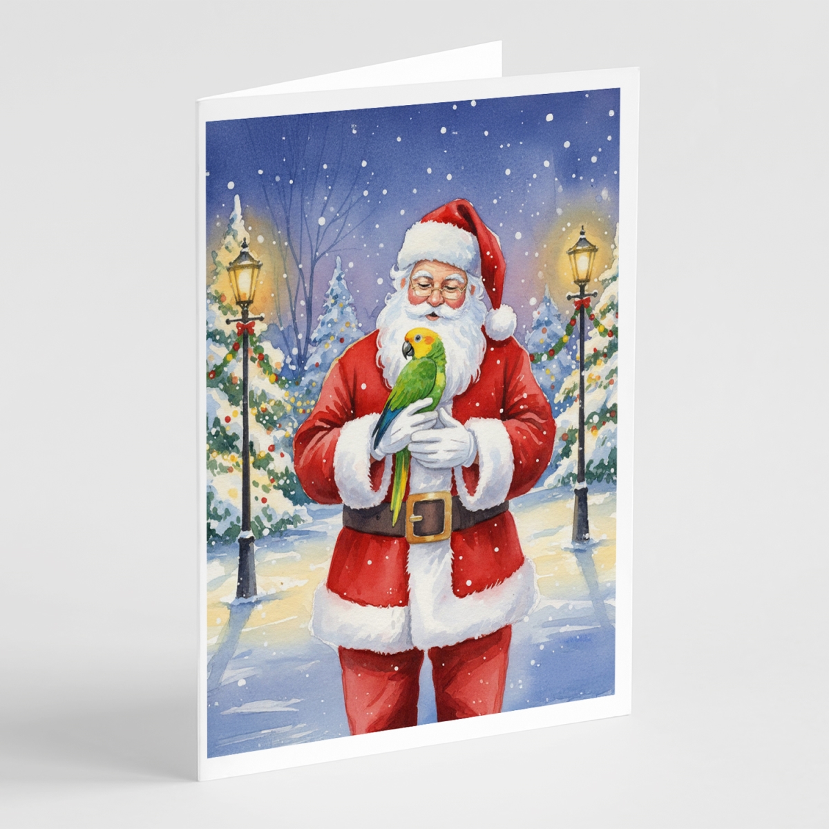 FNT1184GCA7P 5 x 7 in. Double Yellow Headed Amazon Parrot with Santa Claus Greeting Cards, Pack of 8