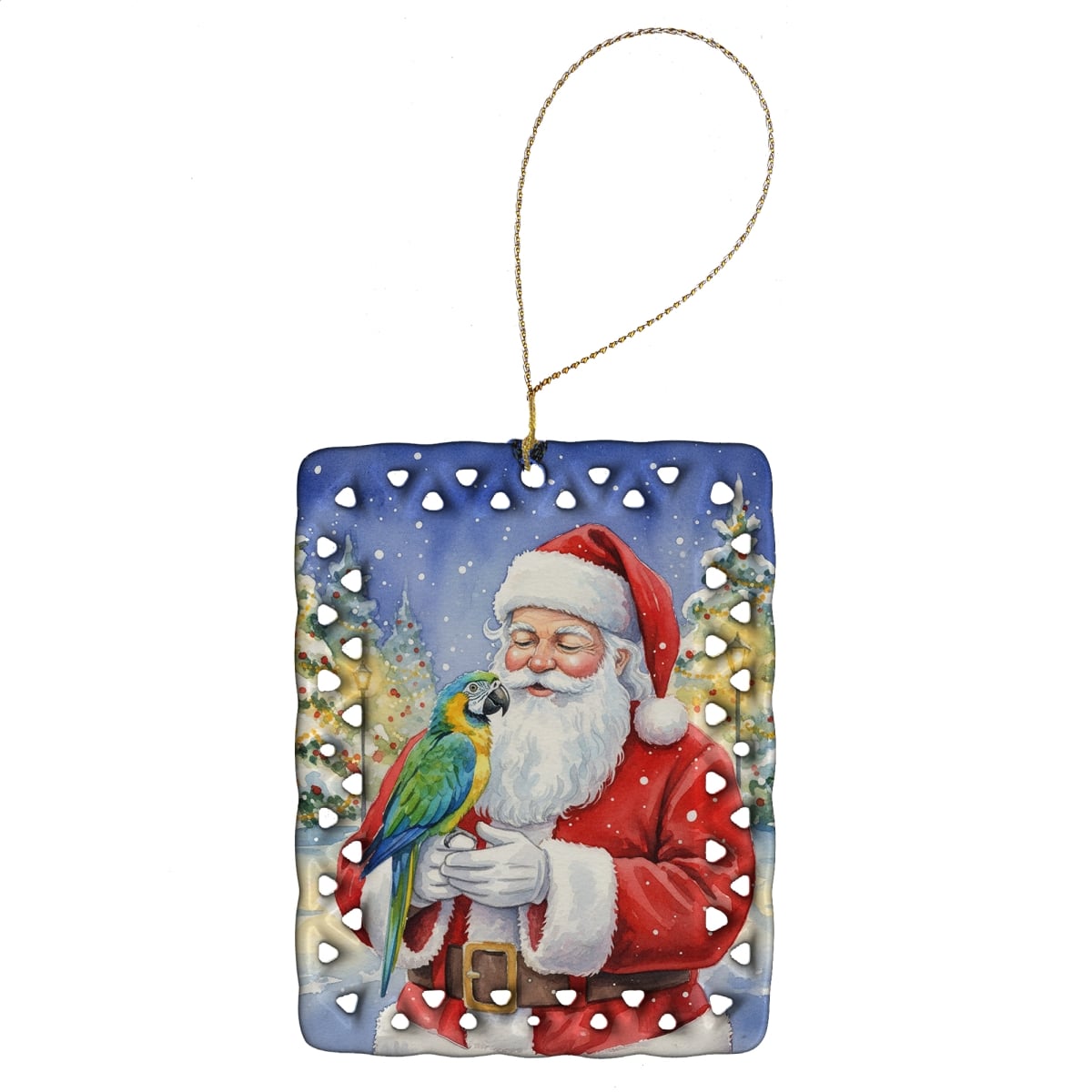 FNT1176CO2 3.4 x 2.6 in. Blue Fronted Amazon Parrot with Santa Claus Porcelain Ornament