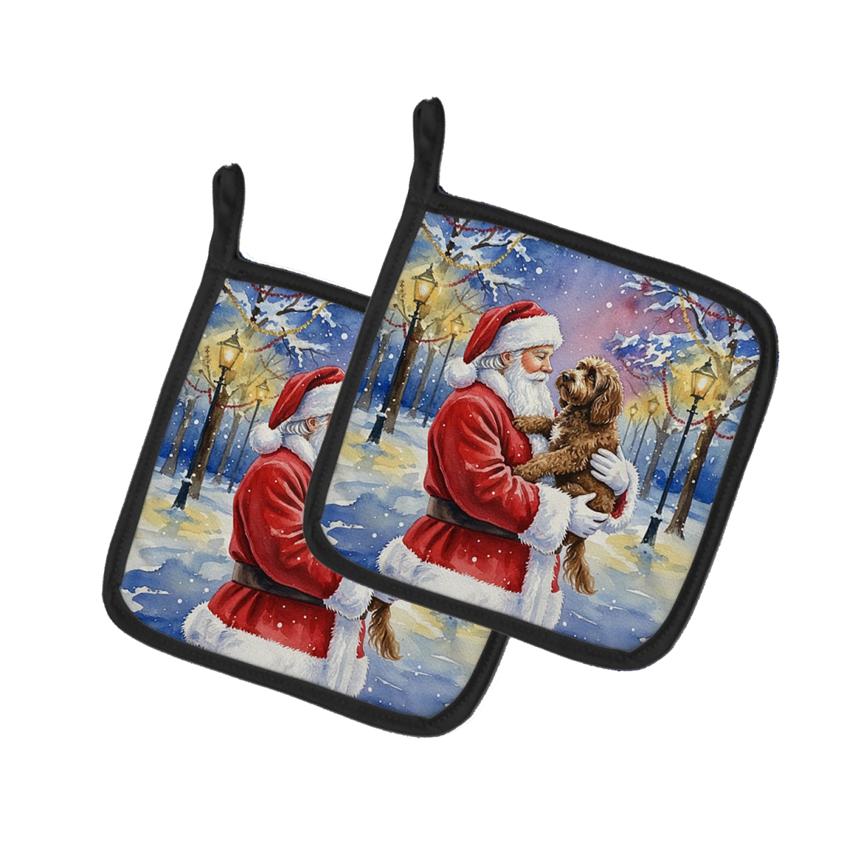FNT1048PTHD 7.5 x 7.5 in. Chocolate Labradoodle with Santa Claus Pot Holders, Pack of 2