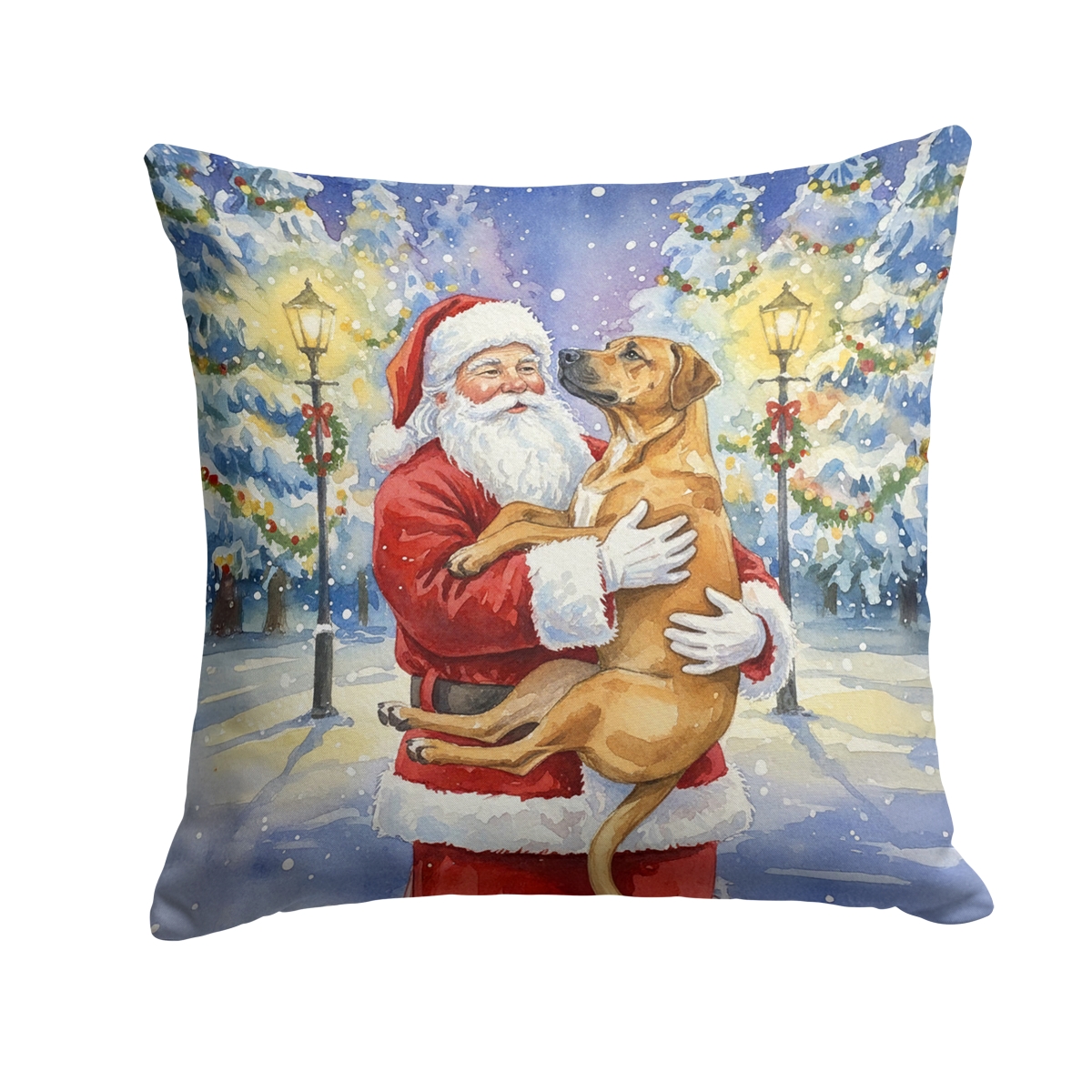 FNT1072PW1414 14 x 14 in. Rhodesian Ridgeback with Santa Claus Throw Pillow