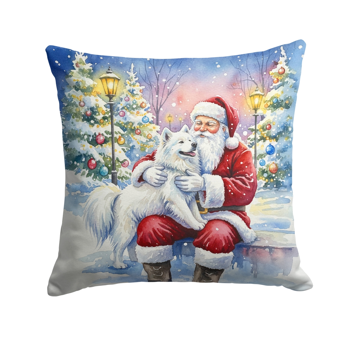 FNT1075PW1414 14 x 14 in. Samoyed with Santa Claus Throw Pillow