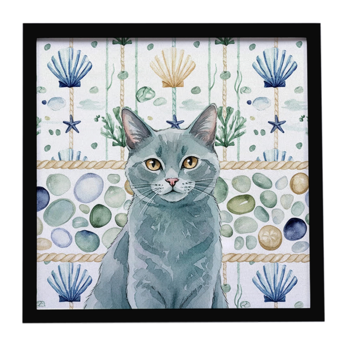 FNT1363MFP88 8 x 8 in. Solid Gray Cat Coastal Sea Glass Framed Metal Print