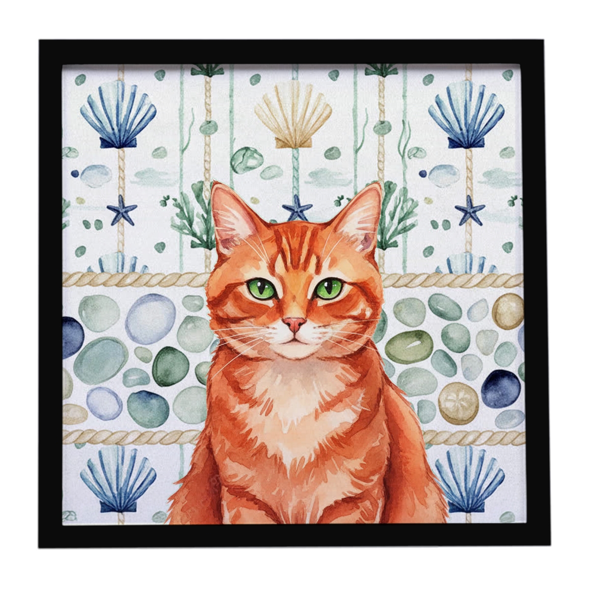 FNT1364MFP88 8 x 8 in. Solid Red Ginger Cat Coastal Sea Glass Framed Metal Print