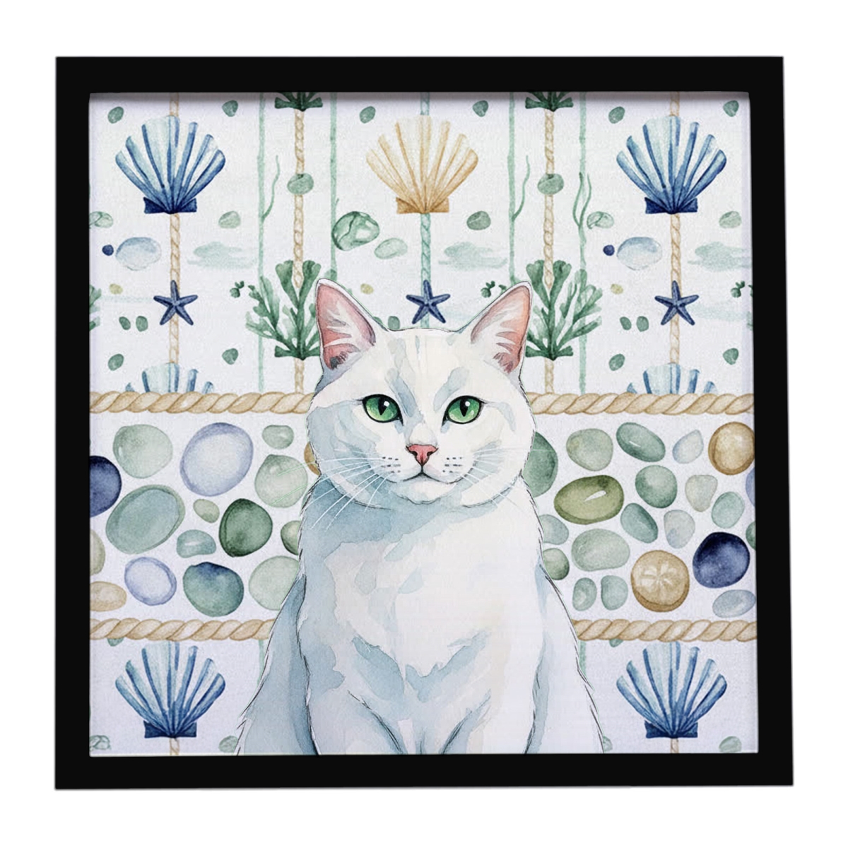 FNT1365MFP88 8 x 8 in. Solid White Cat Coastal Sea Glass Framed Metal Print
