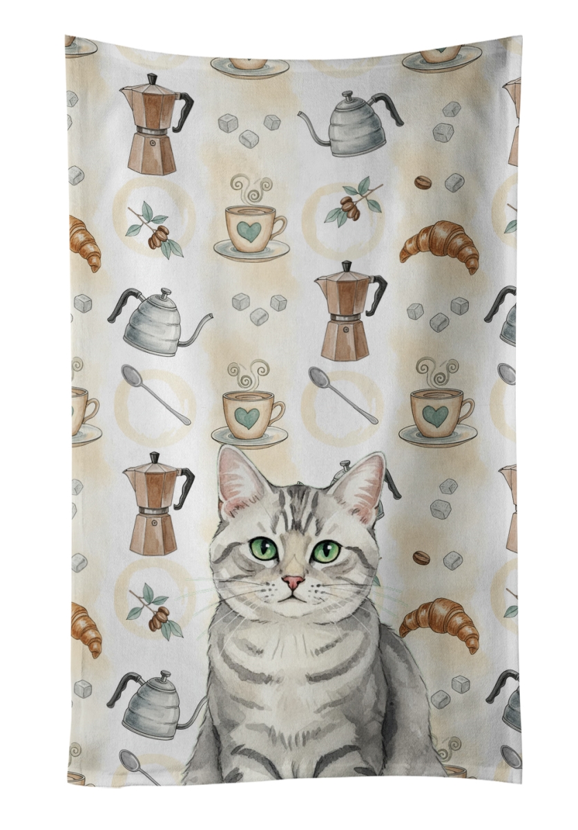 FNT1401KTWL 25 x 15 in. Silver Mackerel Tabby Cat Coffee Time Kitchen Towel