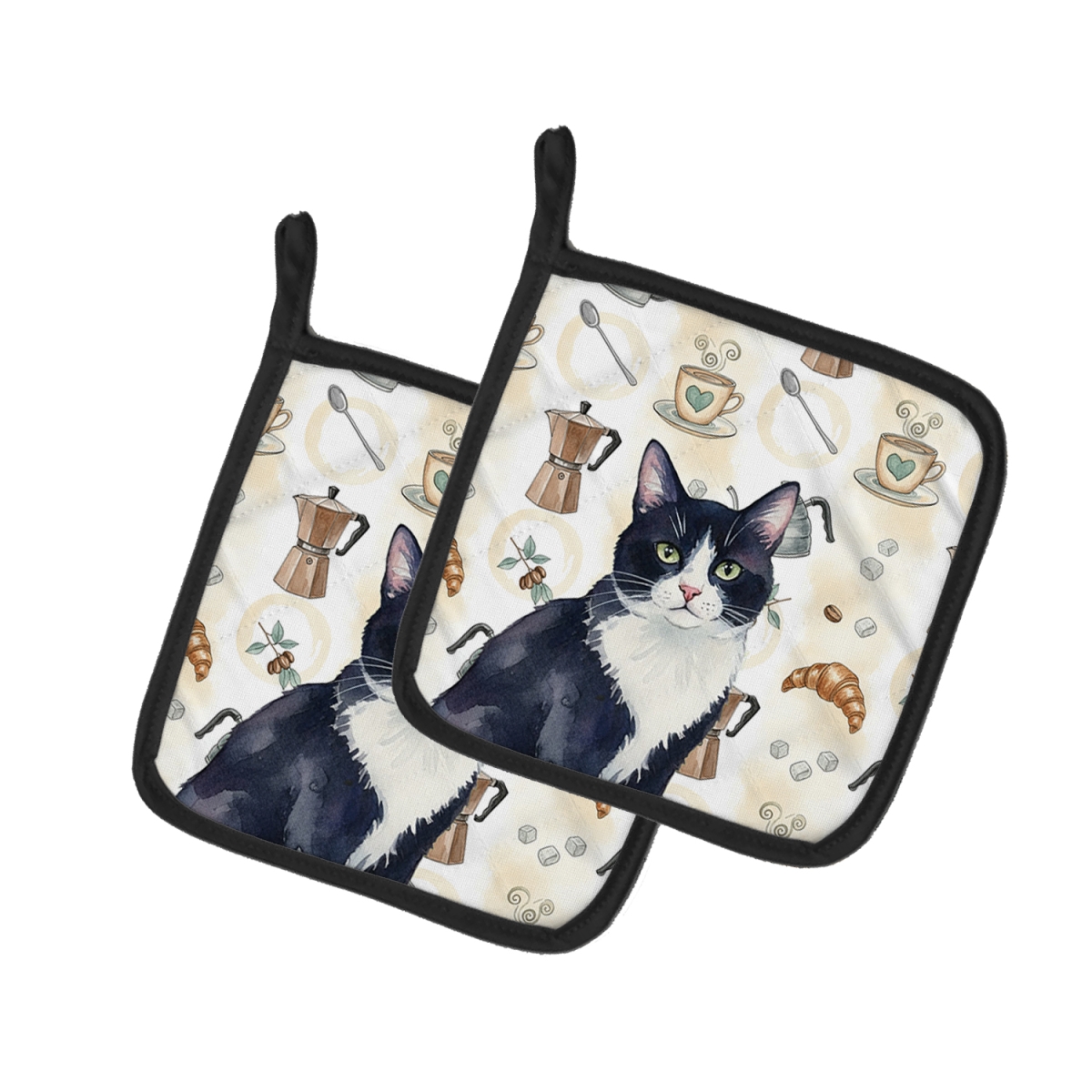 FNT1370PTHD 7.5 x 7.5 in. Black & White Tuxedo Cat Coffee Time Pot Holders, Pack of 2