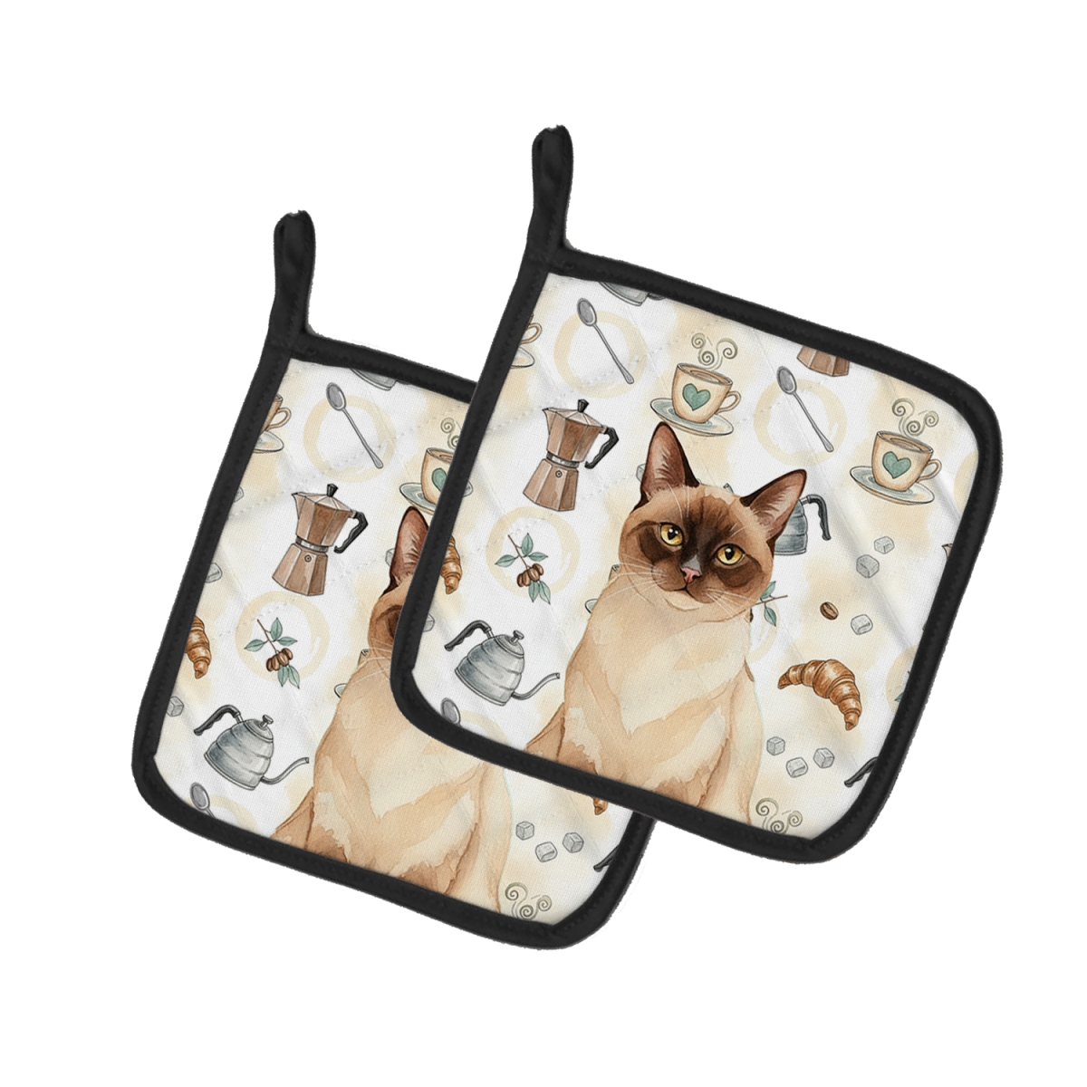 FNT1373PTHD 7.5 x 7.5 in. Chocolate Point Cat Coffee Time Pot Holders, Pack of 2