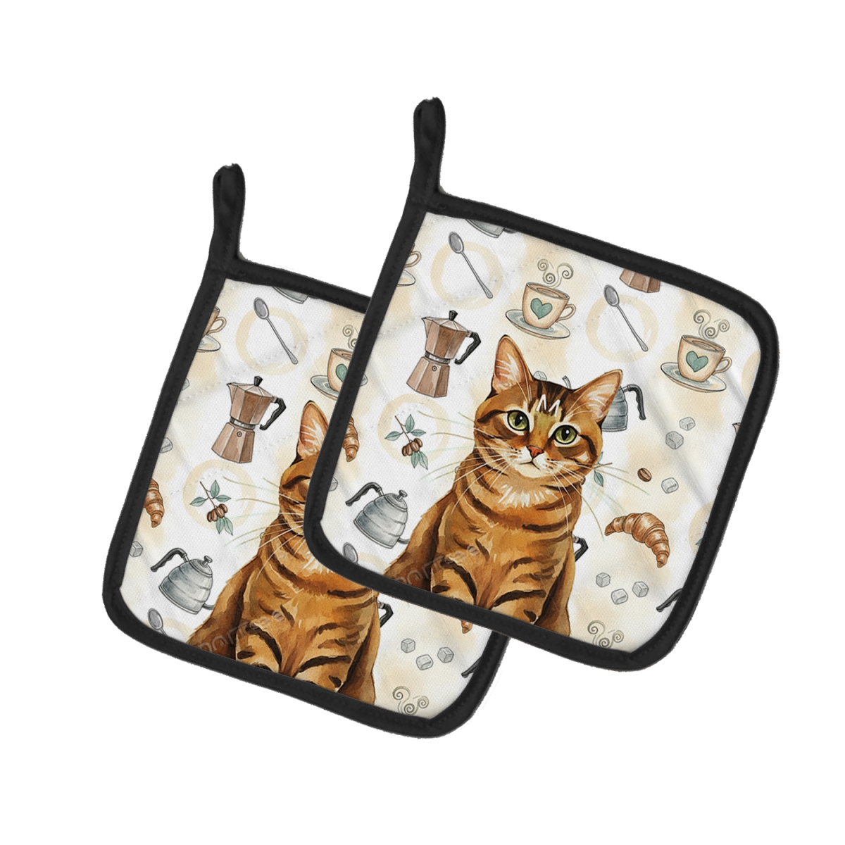 FNT1374PTHD 7.5 x 7.5 in. Classic Tabby Brown Cat Coffee Time Pot Holders, Pack of 2