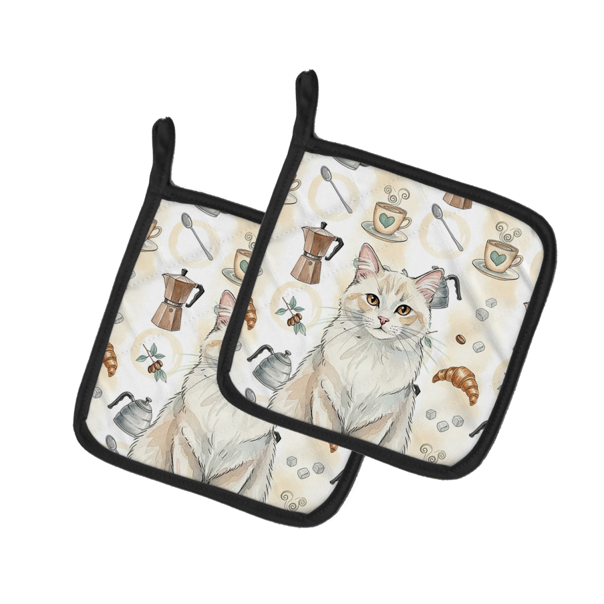 FNT1375PTHD 7.5 x 7.5 in. Cream & White Cat Coffee Time Pot Holders, Pack of 2