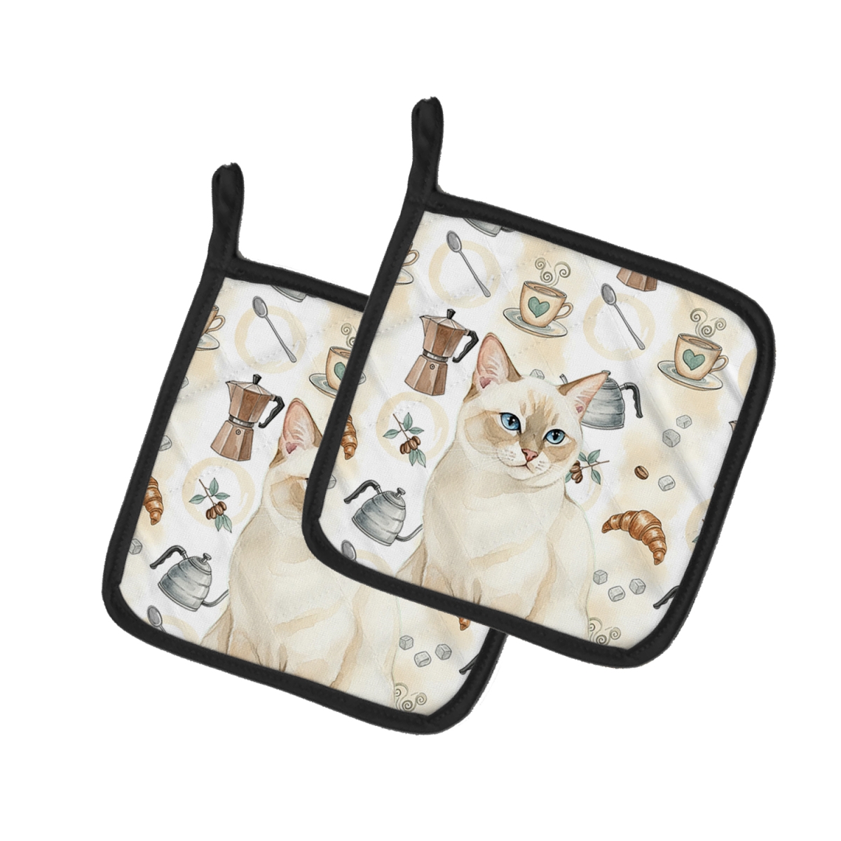 FNT1376PTHD 7.5 x 7.5 in. Cream Point Cat Coffee Time Pot Holders, Pack of 2