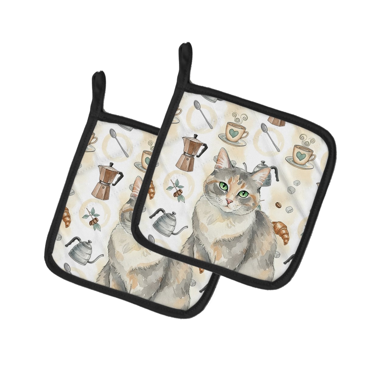 FNT1378PTHD 7.5 x 7.5 in. Dilute Tortoiseshell Cat Coffee Time Pot Holders, Pack of 2