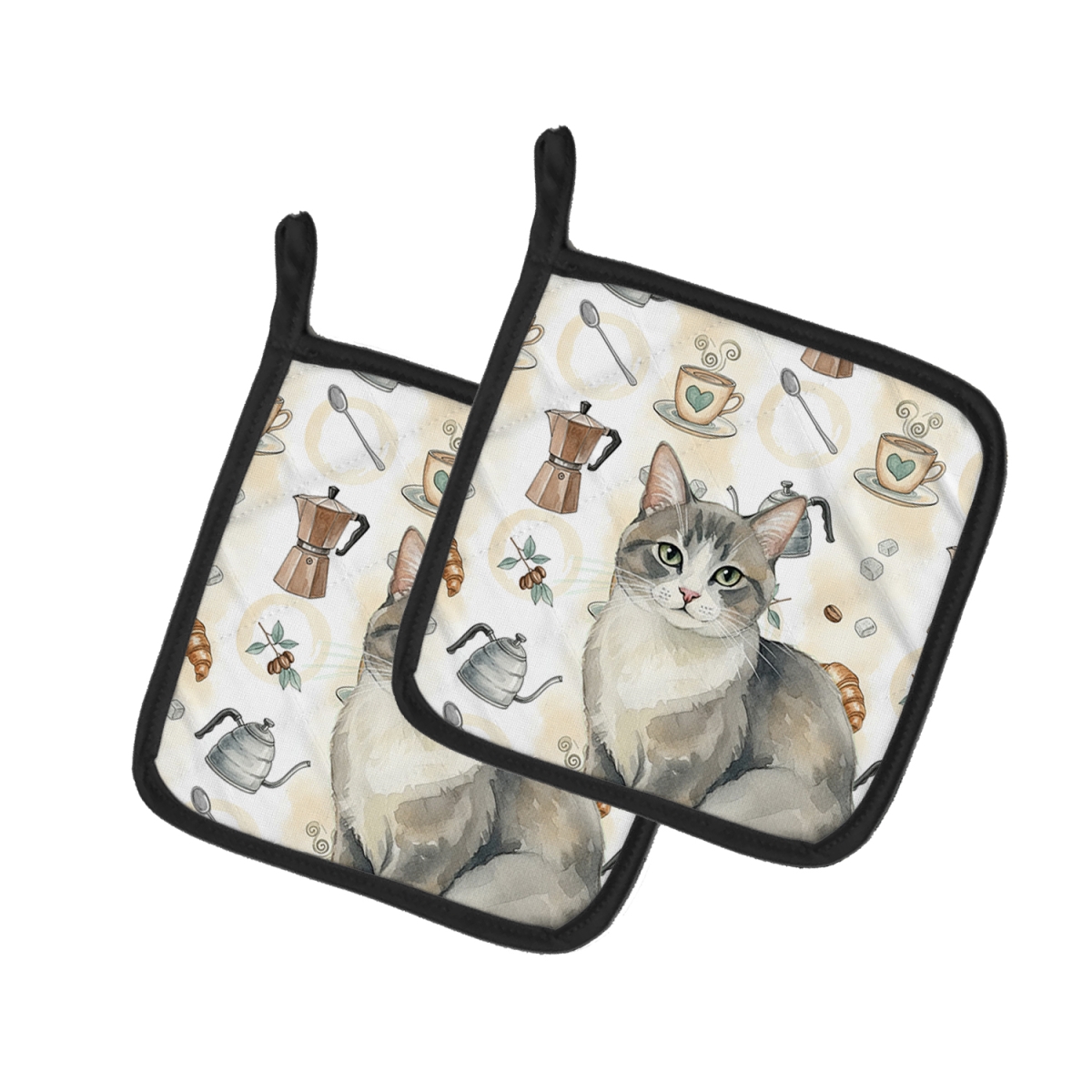 FNT1380PTHD 7.5 x 7.5 in. Gray & White Cat Coffee Time Pot Holders, Pack of 2