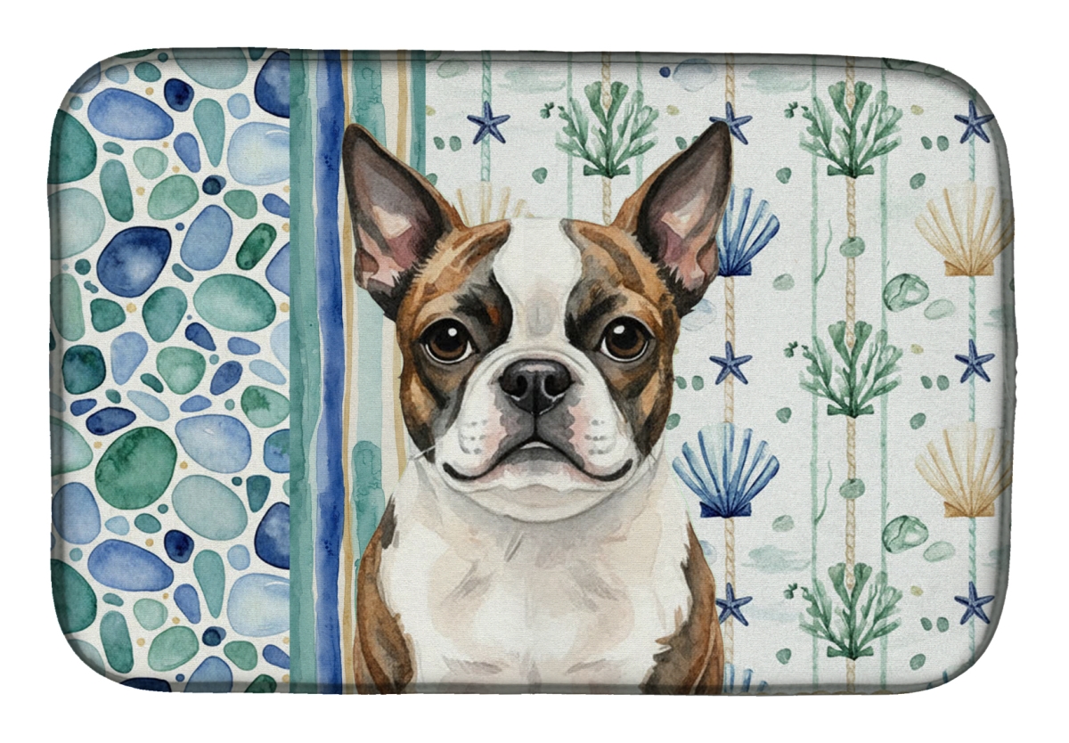Picture of Carolines Treasures WDK6931DDM 21 x 14 in. Brindle Boston Terrier Coastal Sea Glass Dish Drying Mat
