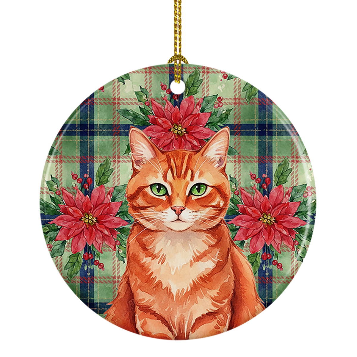 FNT1323CO1 2.8 x 2.8 in. Solid Red Ginger Cat with Poinsettias Ceramic Ornament