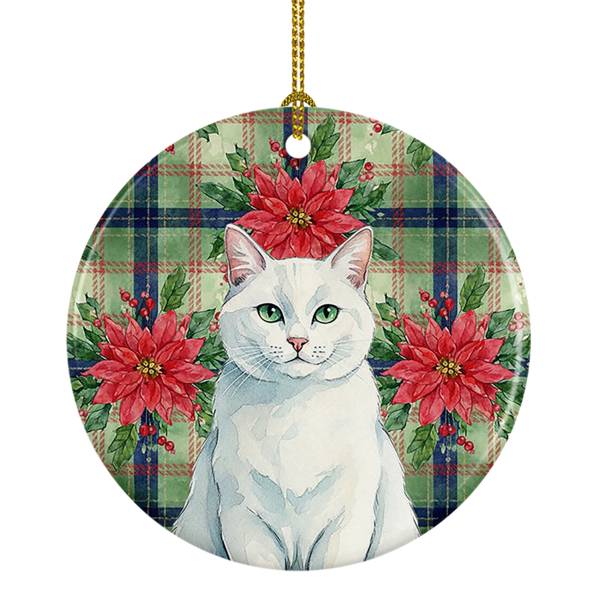 FNT1324CO1 2.8 x 2.8 in. Solid White Cat with Poinsettias Ceramic Ornament
