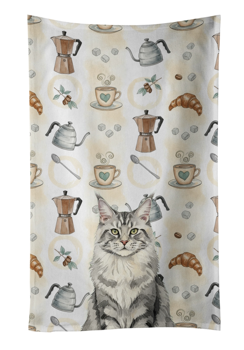 FNT1386KTWL 25 x 15 in. MaineCoon Silver Tabby Cat Coffee Time Kitchen Towel