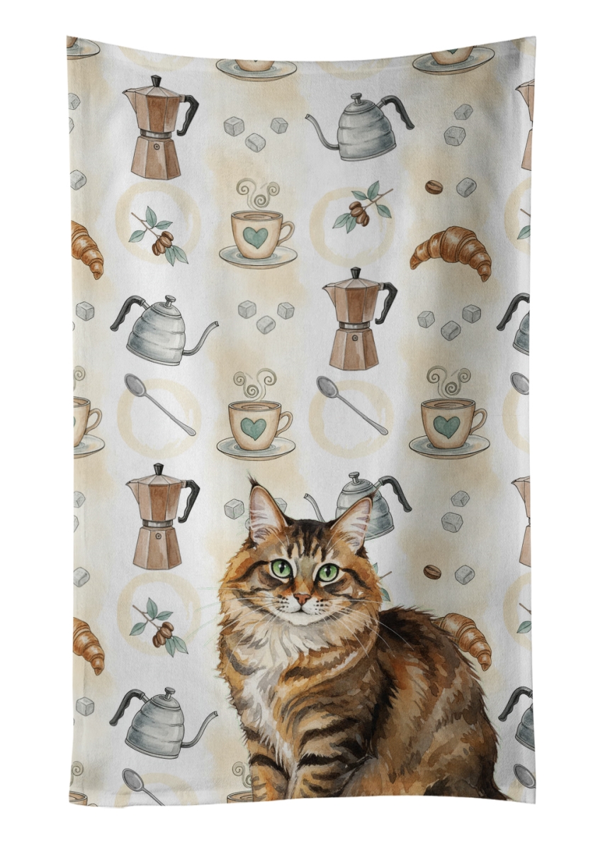 FNT1387KTWL 25 x 15 in. Norwegian Forest Cat Brown Tabby Cat Coffee Time Kitchen Towel